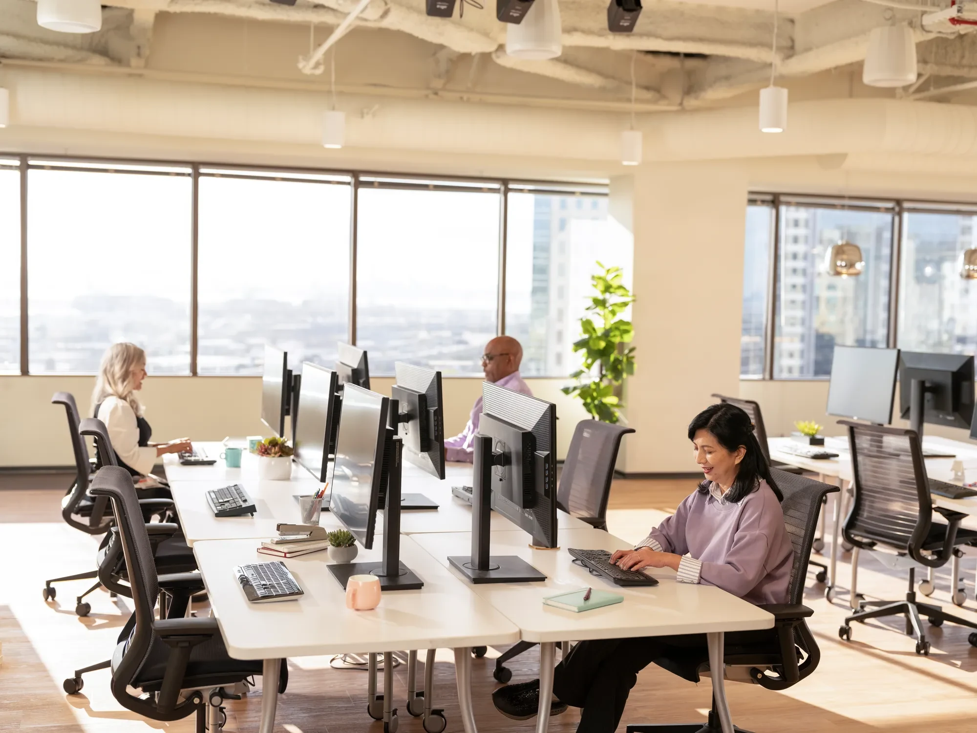 3 employees sitting together in a workspace, each working on their computers.