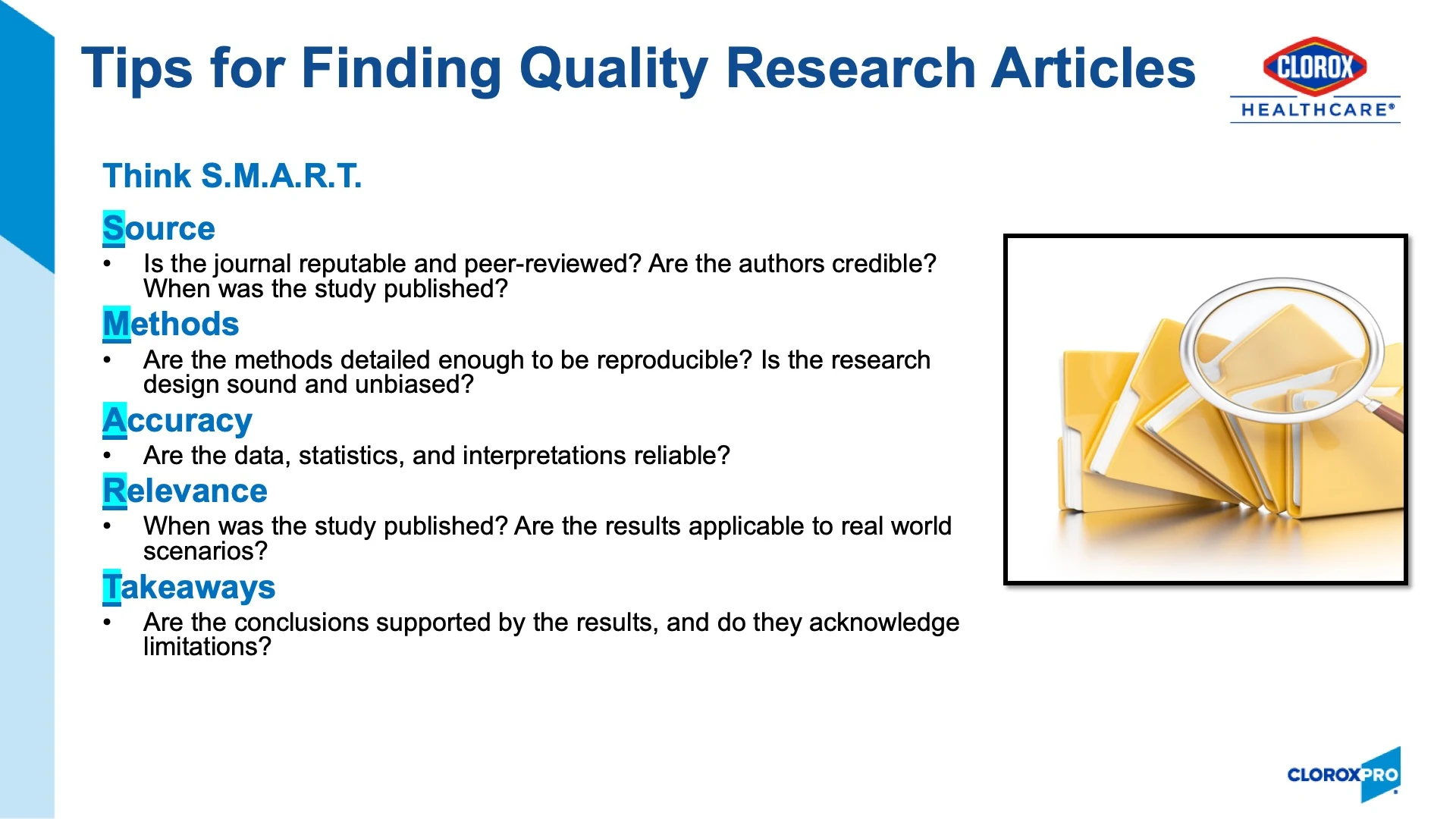Infographic showing tips for finding quality research articles: source, methods, accuracy, relevance and takeaways