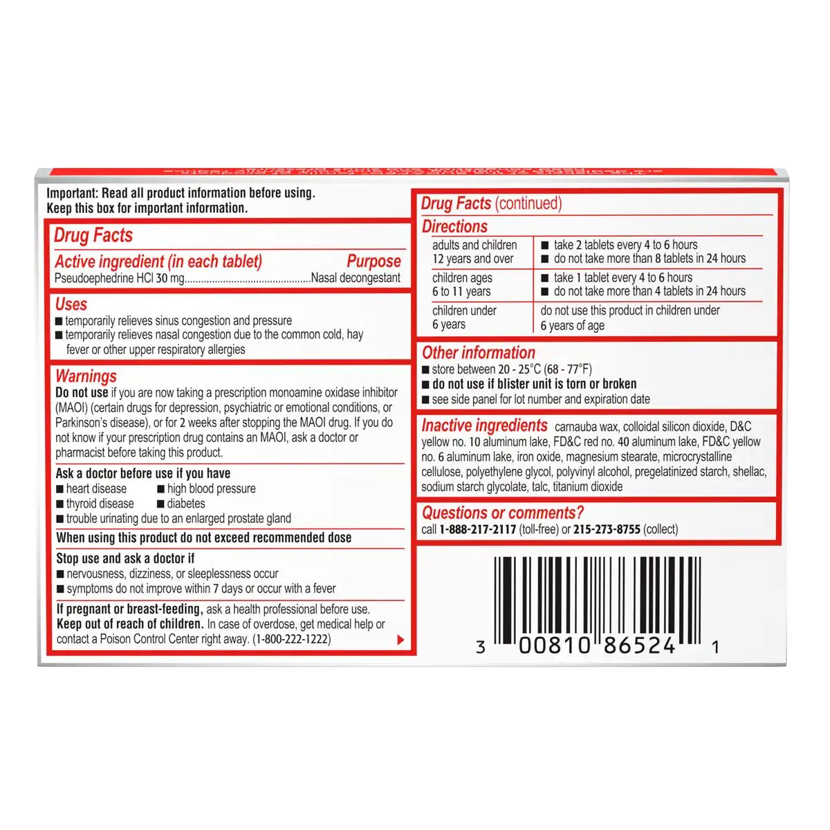 SUDAFED® Sinus Congestion Relief Maximum Strength Decongestant Tablets 24 count drug facts
