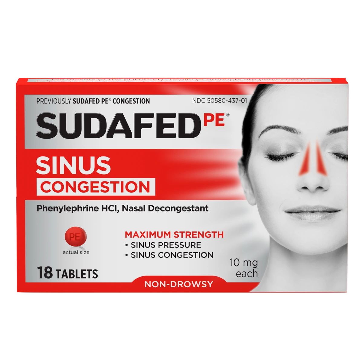 SUDAFED PE® Sinus Congestion Relief Maximum Strength Decongestant Tablets 18 count package front