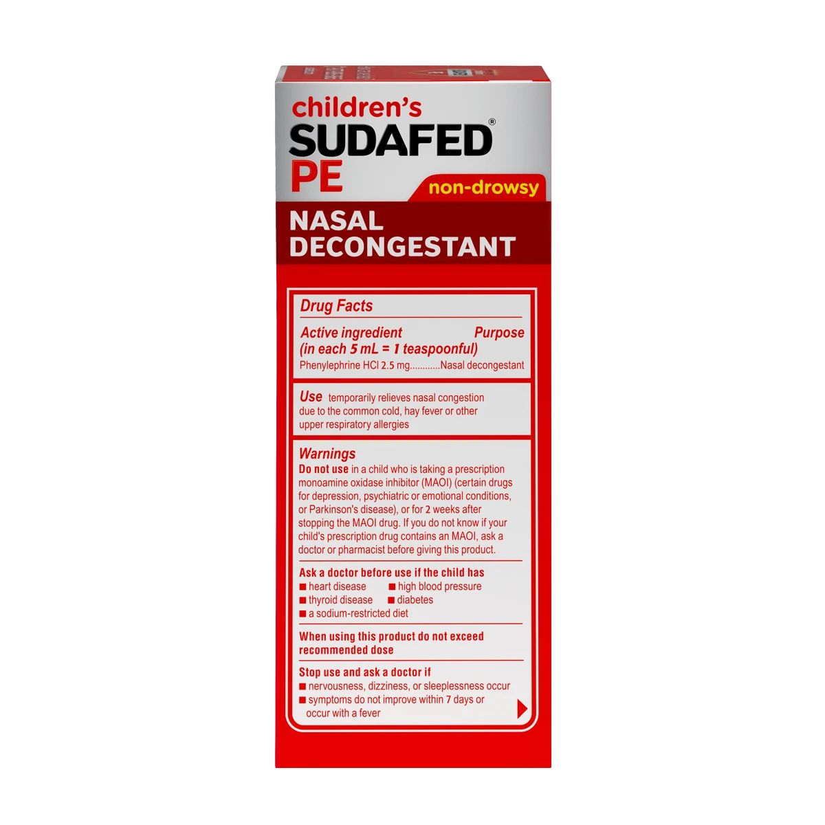 Children’s SUDAFED PE® Nasal Decongestant Liquid Medicine for Kids, Berry Flavor, drug facts