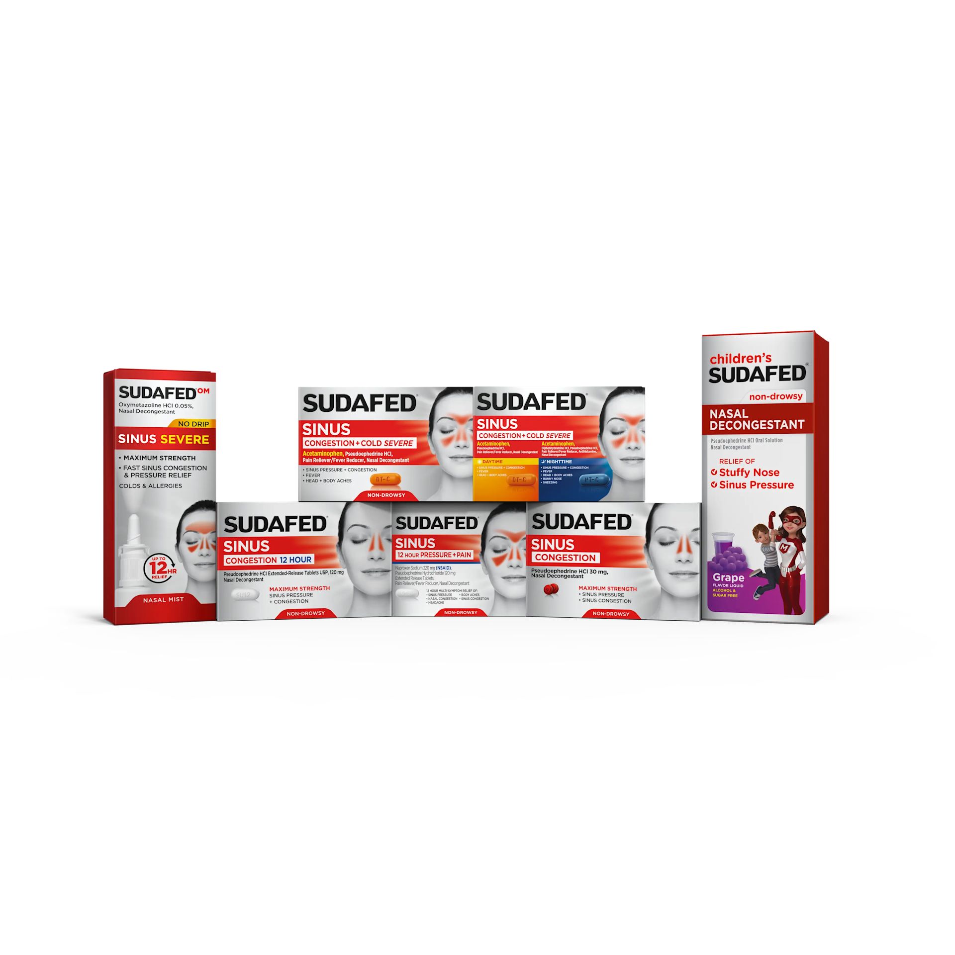 Sudafed family of products including children's nasal decongestant, nasal spray, and sinus congestion relief