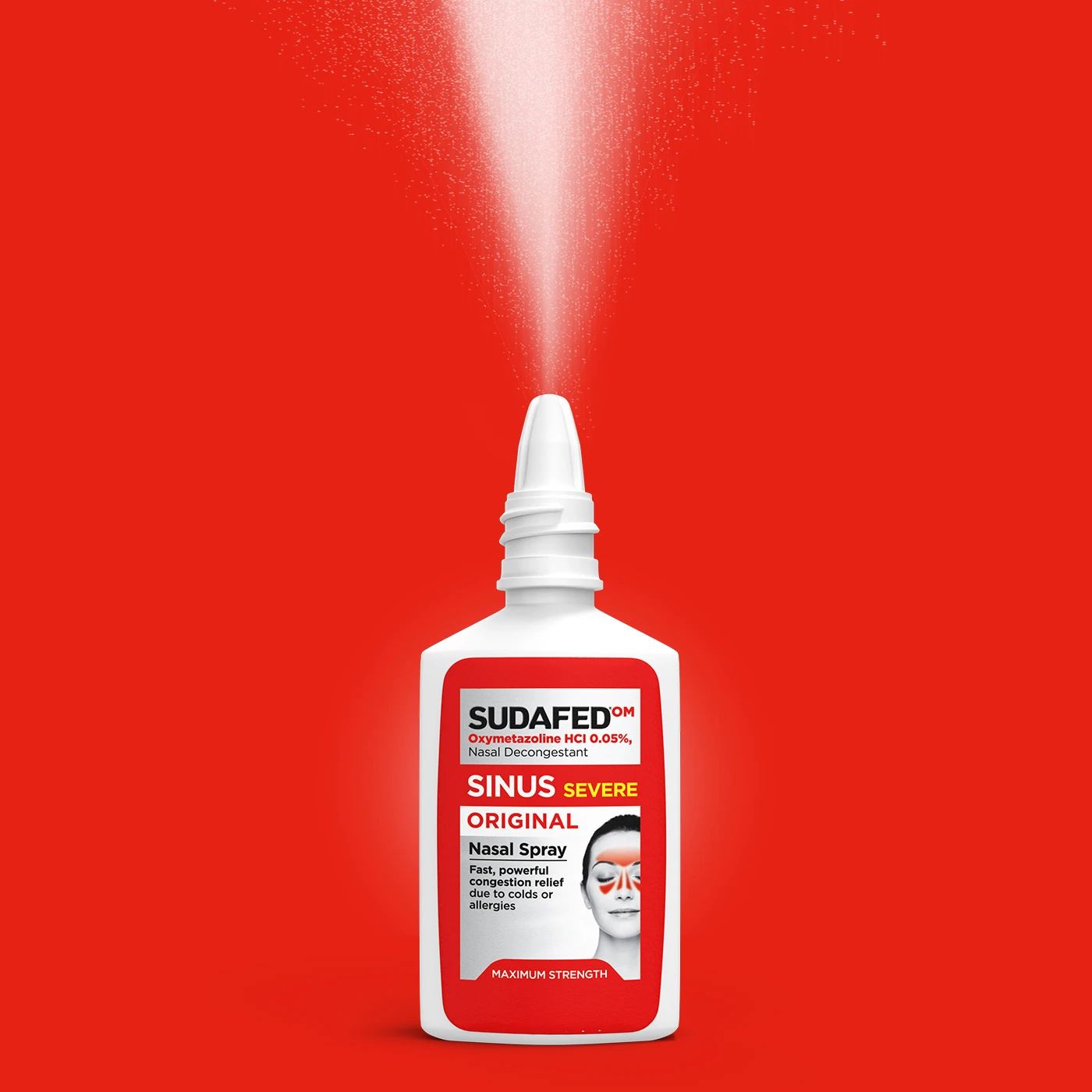 SUDAFED® Sinus Severe Original Nasal Spray Decongestant bottle on a red background