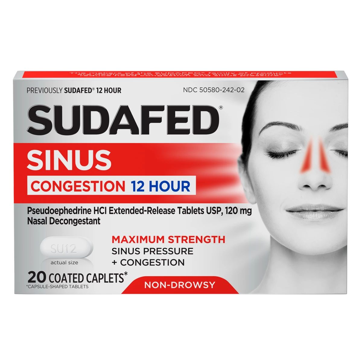 SUDAFED® Sinus Congestion 12 Hour Relief Maximum Strength Decongestant Caplets 20 count package front