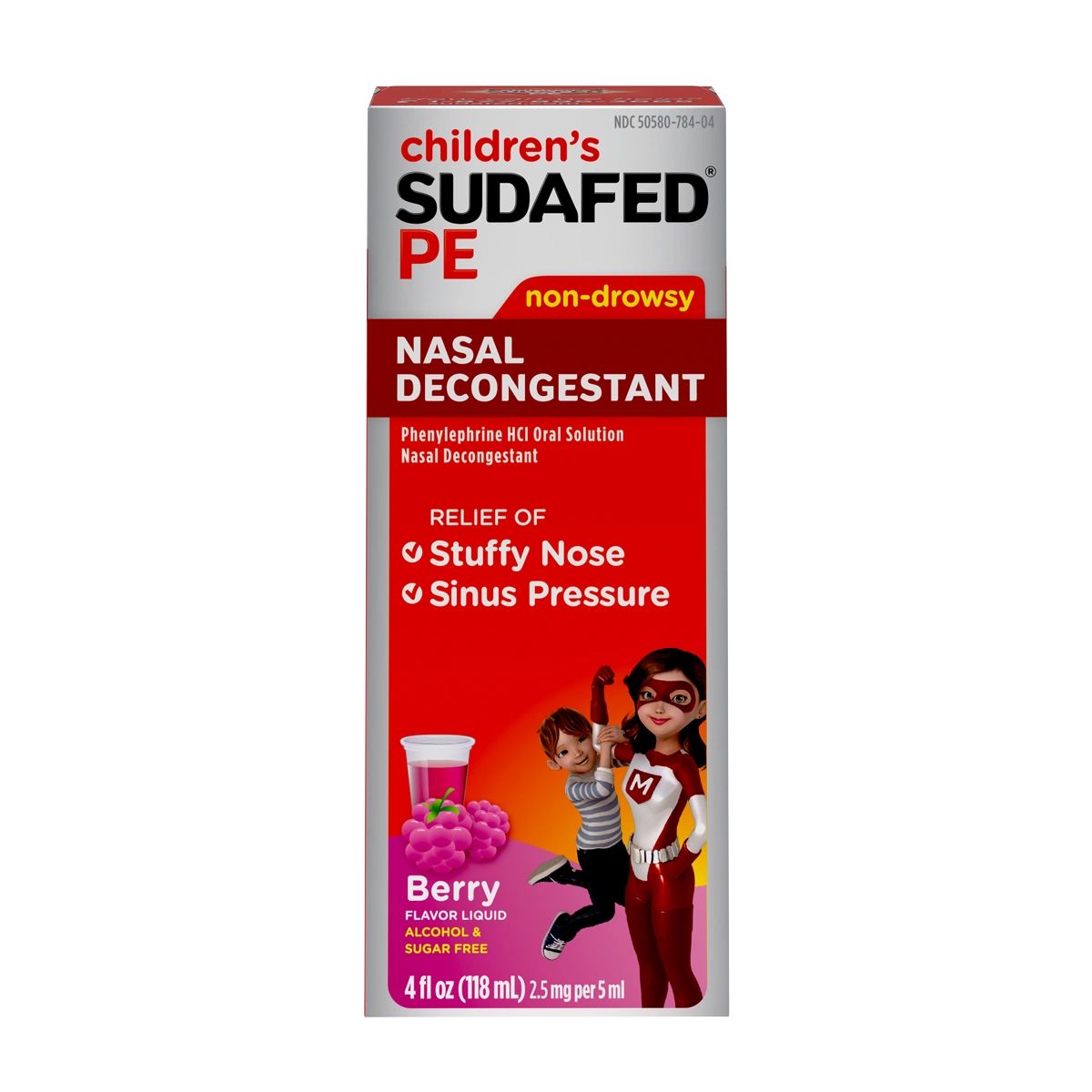 Children’s SUDAFED PE® Nasal Decongestant Liquid Medicine for Kids, Berry Flavor, package front