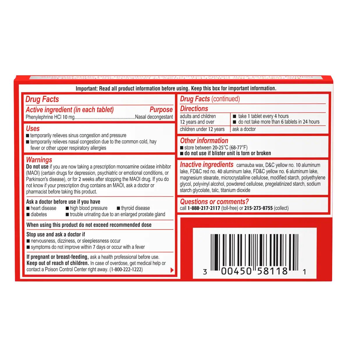 SUDAFED PE® Sinus Congestion Relief Maximum Strength Decongestant Tablets 18 count drug facts
