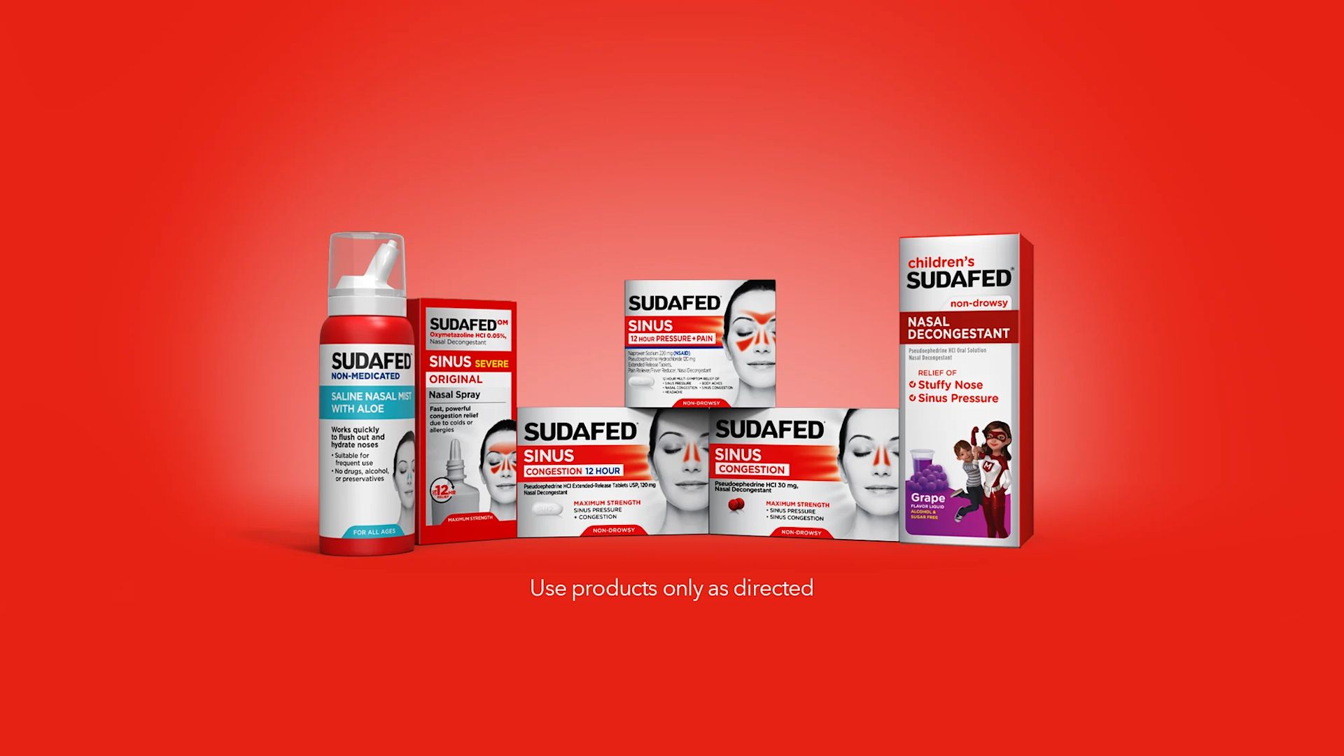 Sudafed family of products including children's nasal decongestant, nasal spray, and sinus congestion relief