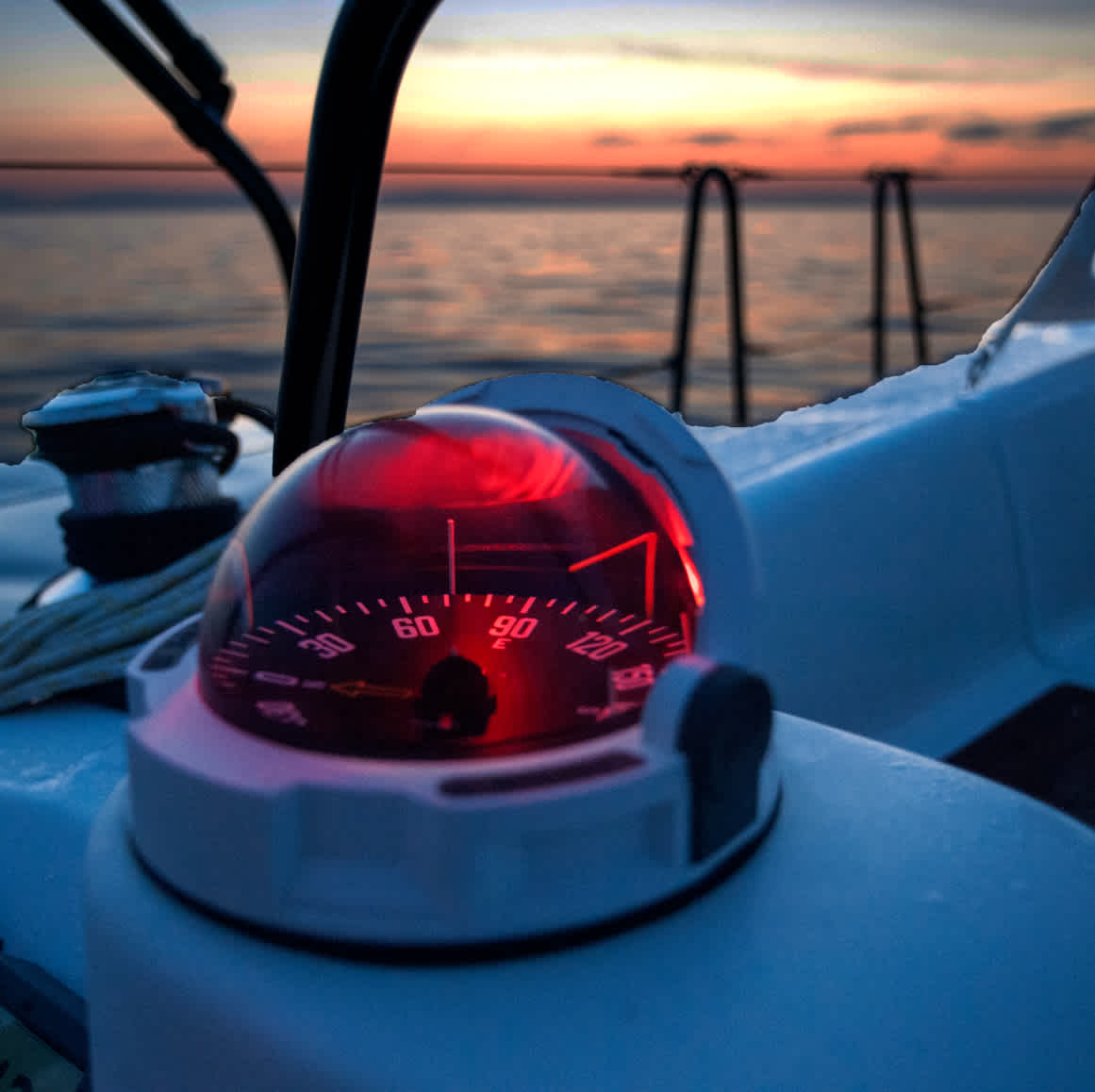 Compass on a yacht at sunset