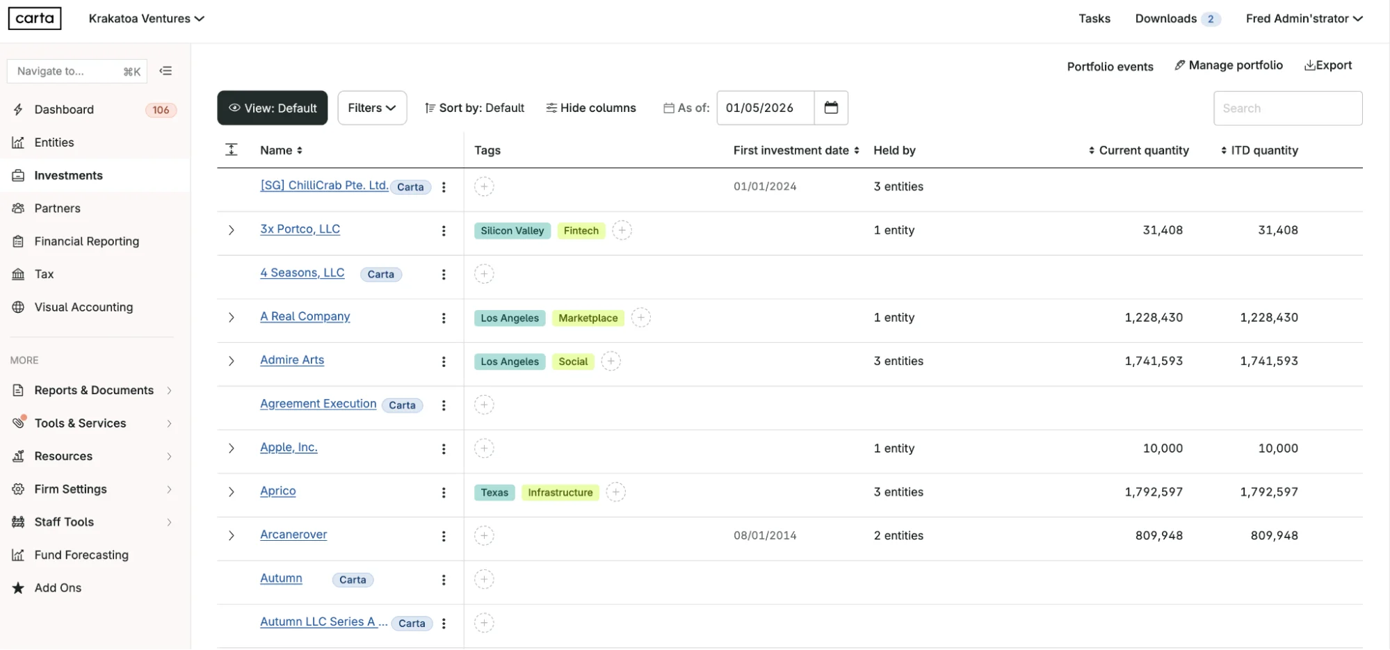 Investments dashboard - Product screenshot