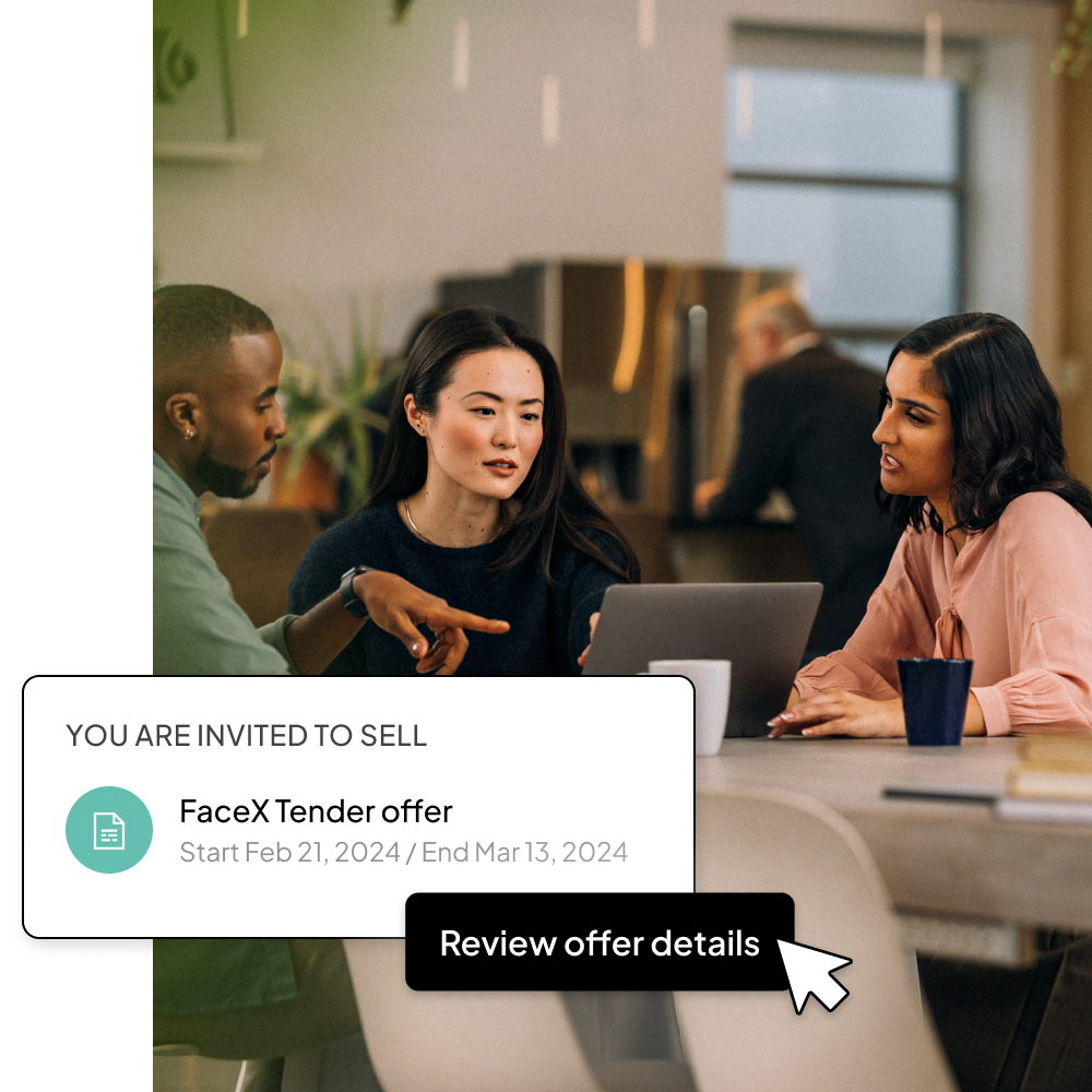 Group of people with UI of tender offer overview