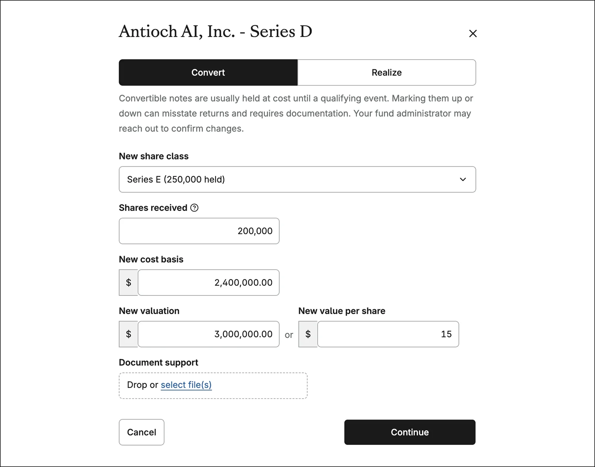 Valuations Update Tool: convert a convertible note