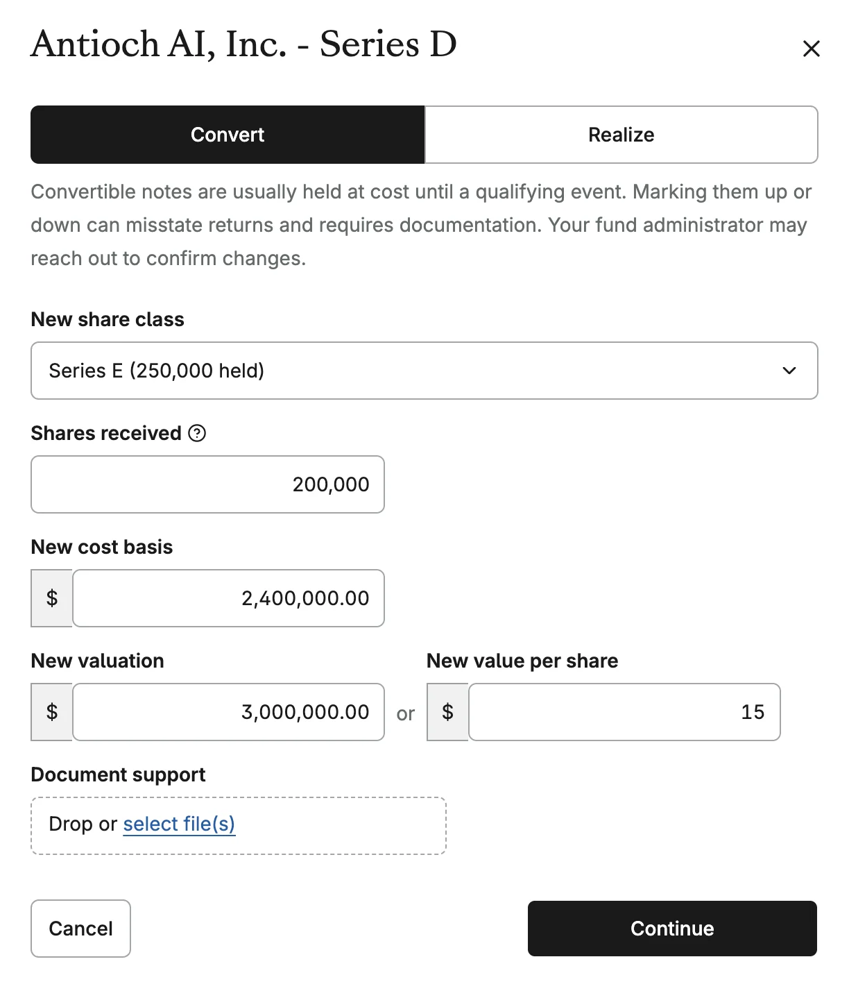Valuations Update Tool: convert a convertible note