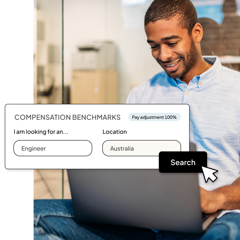 Image of man using laptop with UI of creating a compensation benchmark