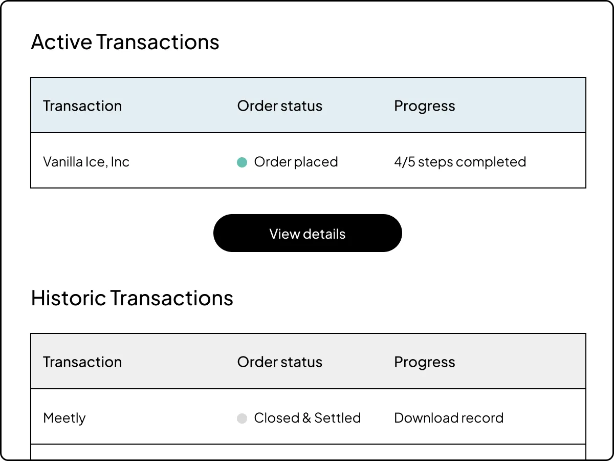 UI of active and historic liquidity transactions 