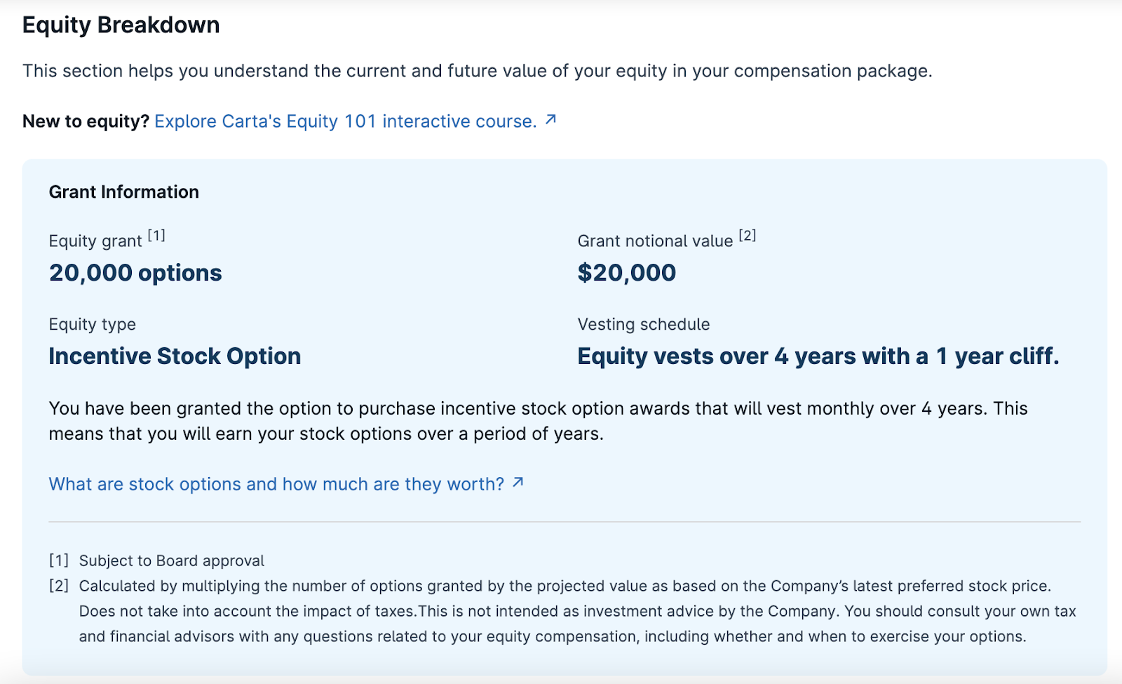 Equity breakdown screen