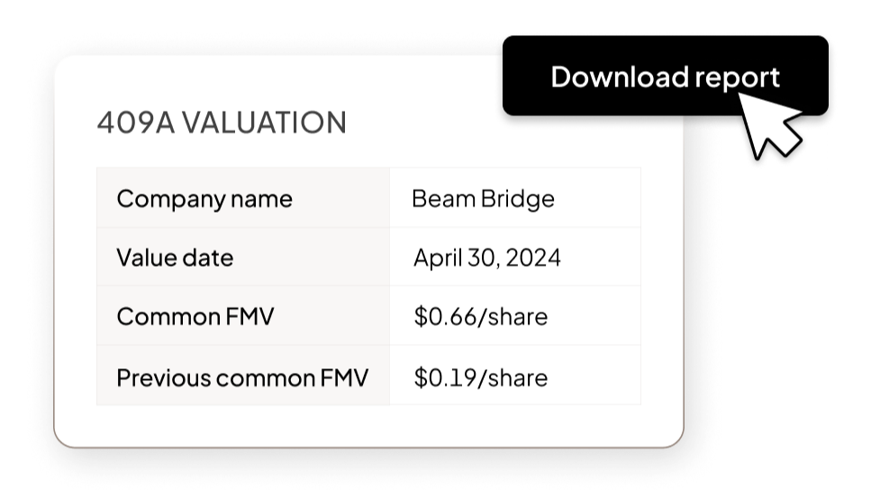 UI of 409A Valuation summary with button to download report