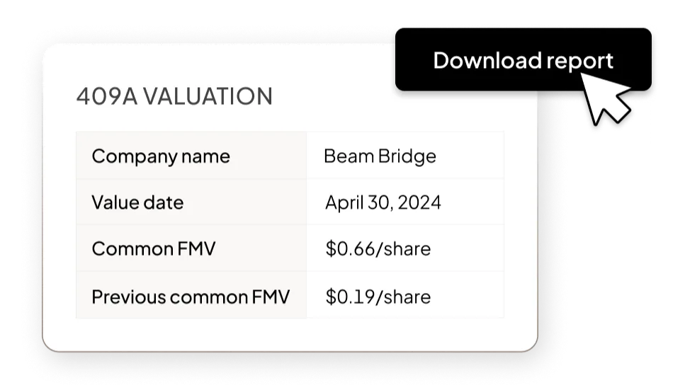 UI of 409A Valuation summary with button to download report