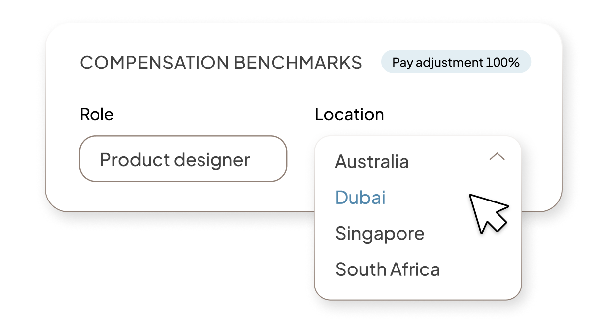 UI Image of compensation benchmarks showing options to filter by role and location