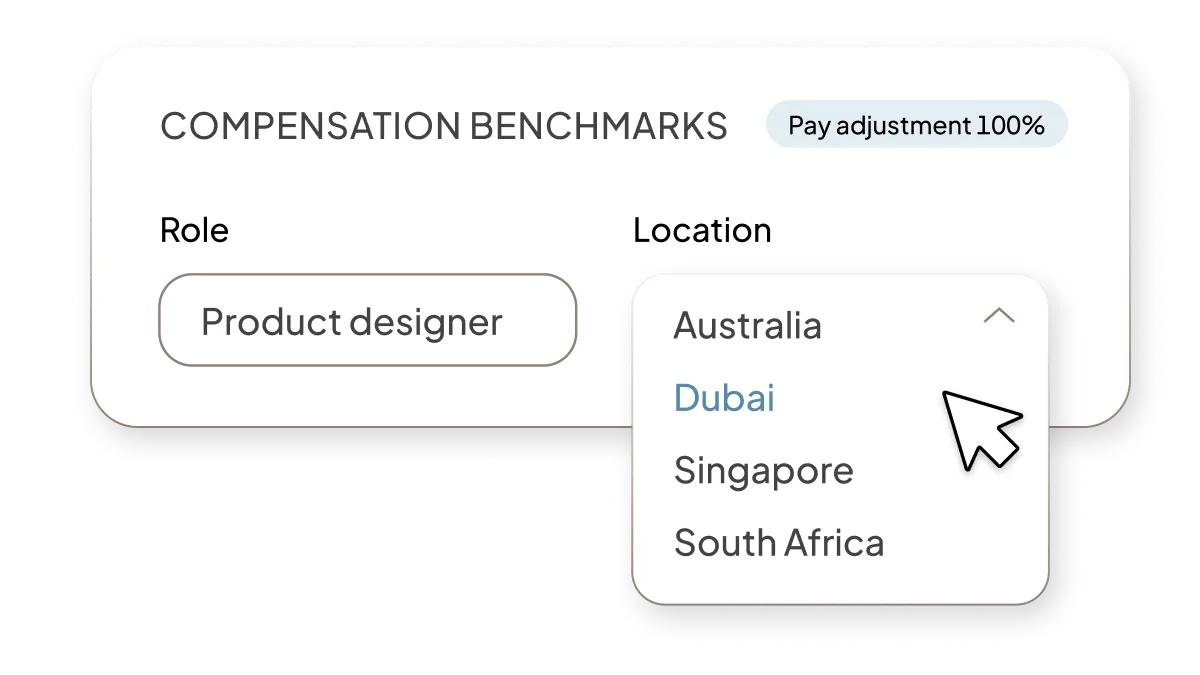 UI Image of compensation benchmarks showing options to filter by role and location