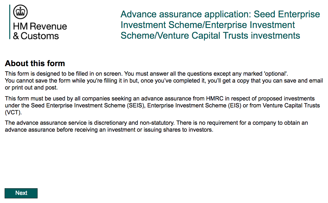 Advance Assurance HMRC form