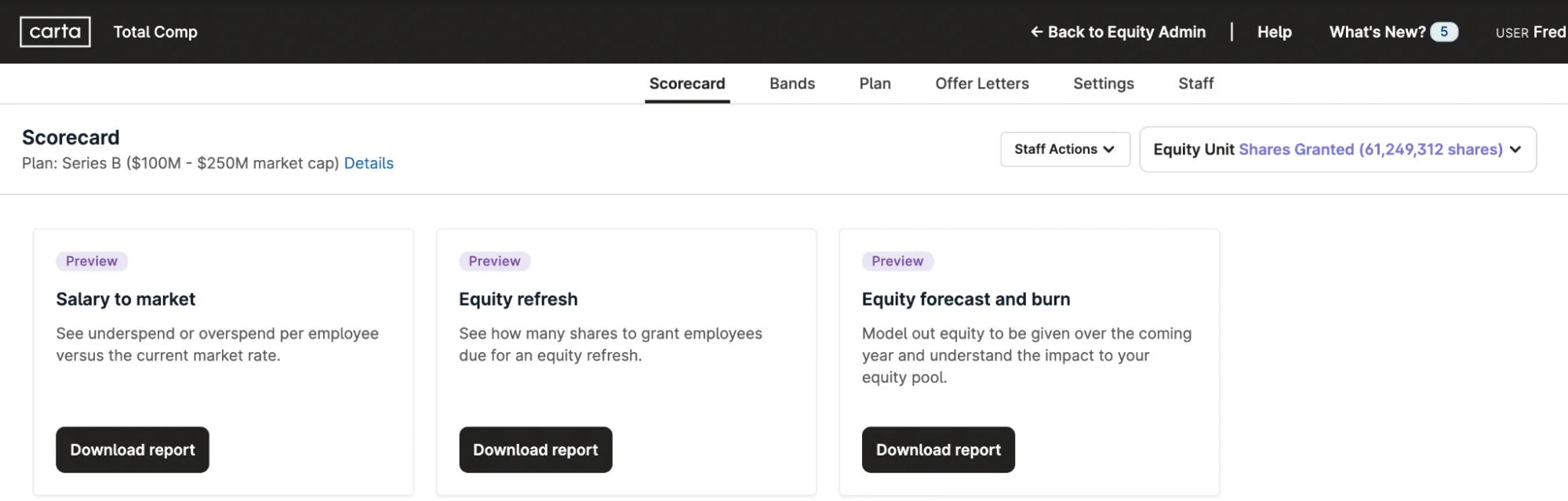 Salary to market report: Who is paid above or below the market rate? Who is due for a refresh grant, how much should it be for, and when should they get it? Equity forecast and burn report: What is my equity pool runway based on my hiring plan and employee equity grants? 