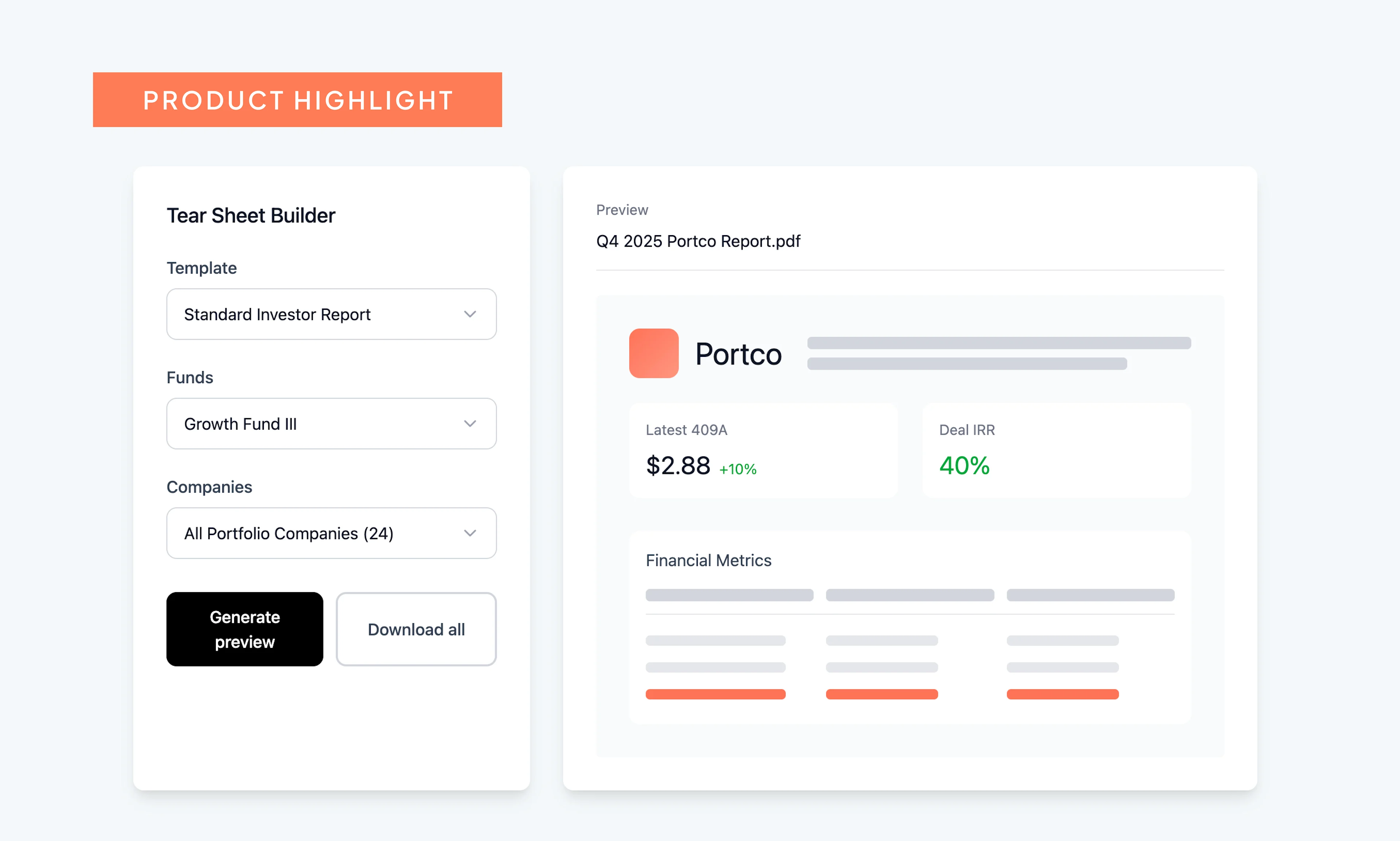 Automated, investor-ready tear sheets