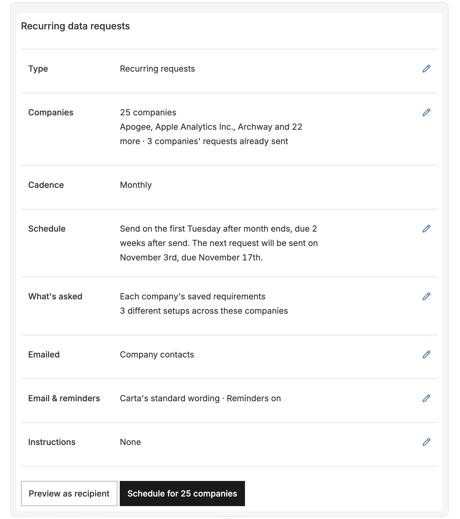 Data Collection: recurring data request setup