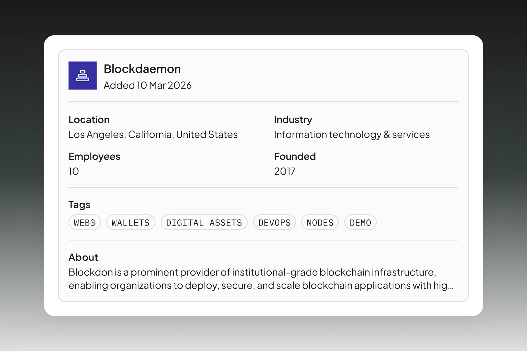 ProductFeatureGroup | CRM Plugin | Quick company lookup | Hover