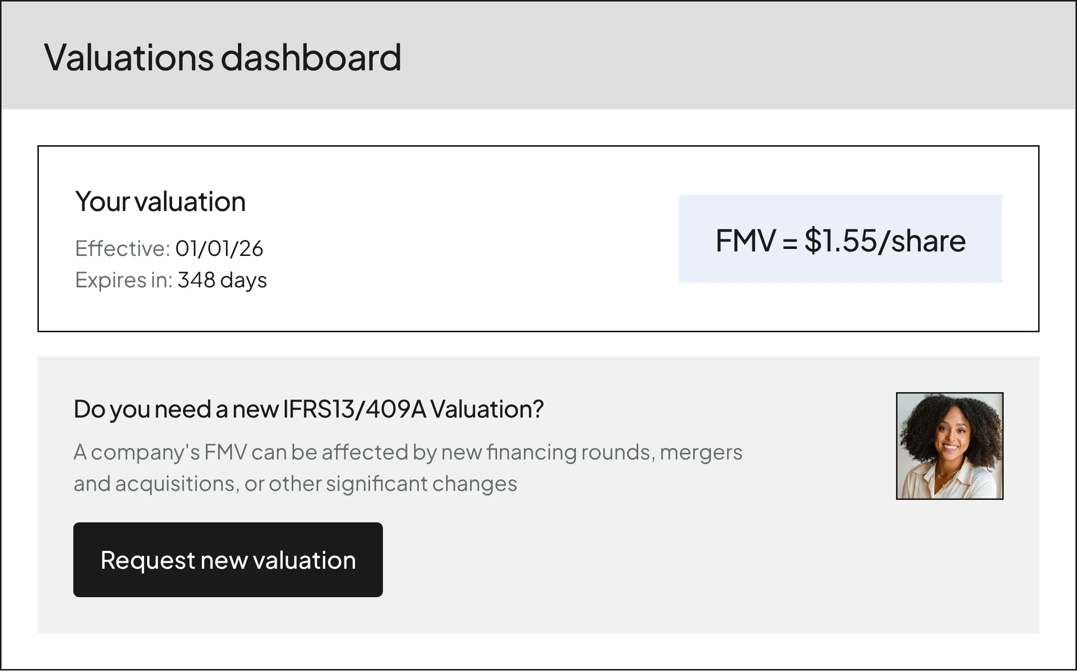 UI of valuation dashboard with button to request new valuation