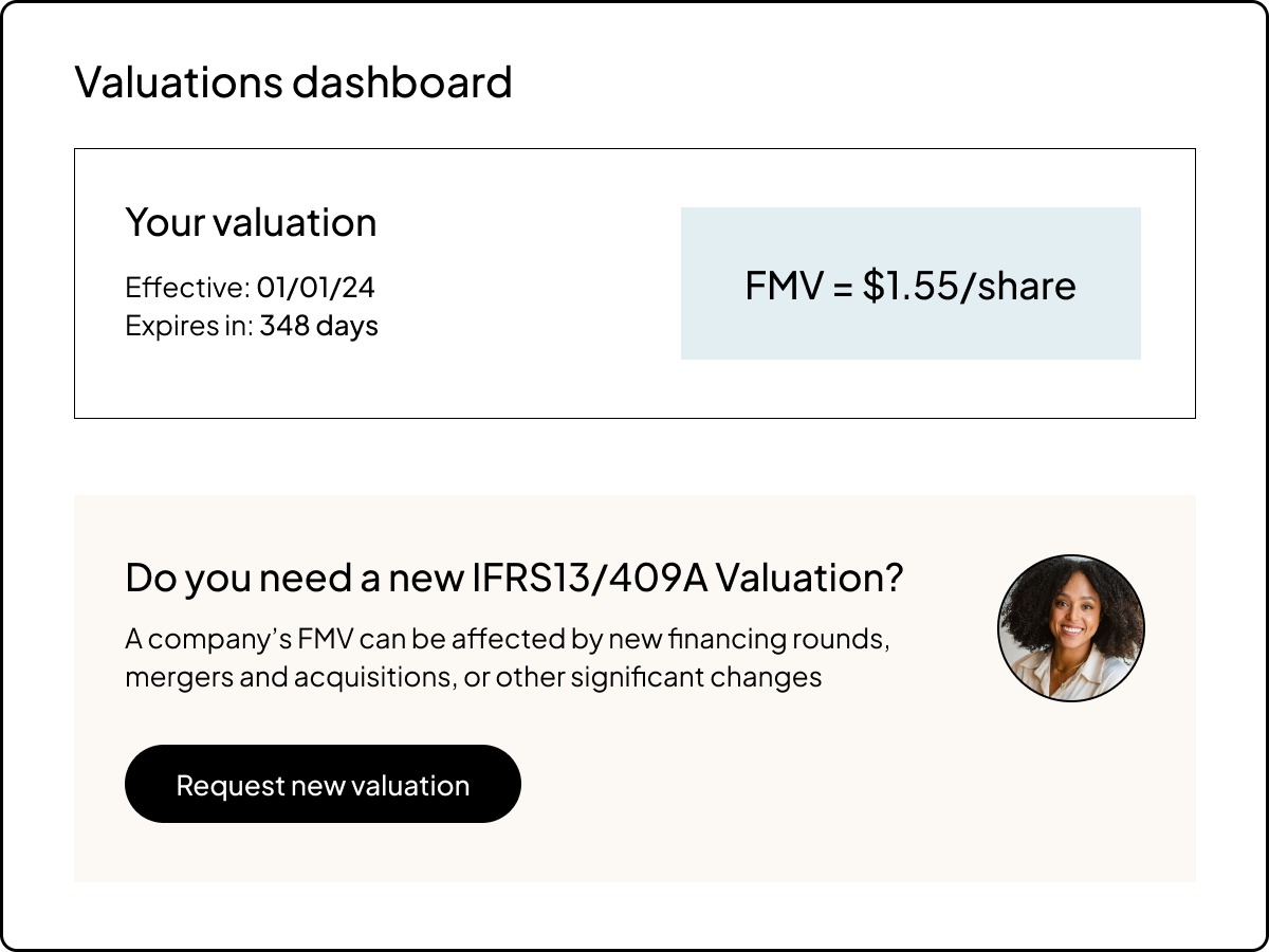 UI of valuation dashboard with button to request new valuation
