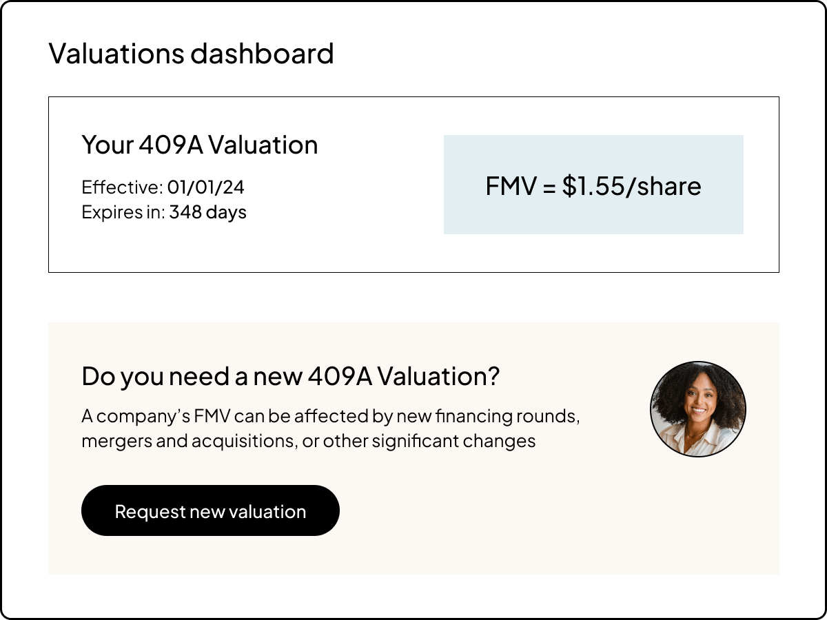 UI of valuation dashboard with button to request new valuation