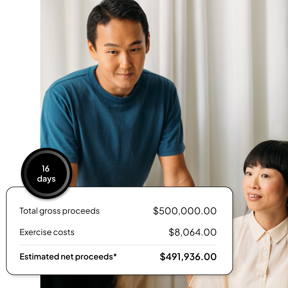 Man with laptop and UI of estimate net proceeds from liquidity solution