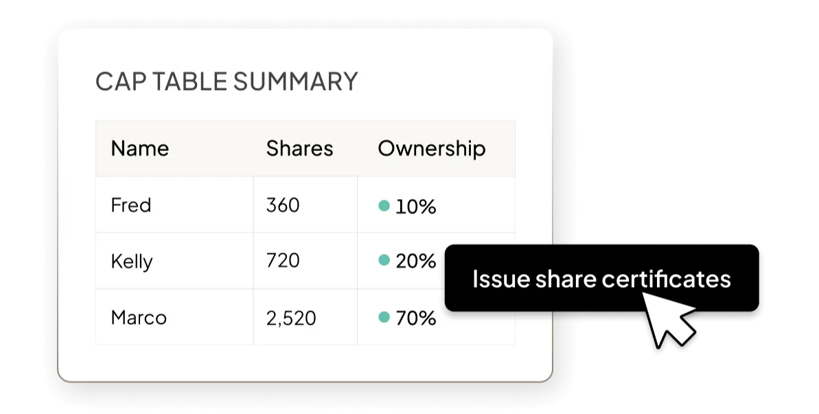 UI of cap table summary showing share breakdown