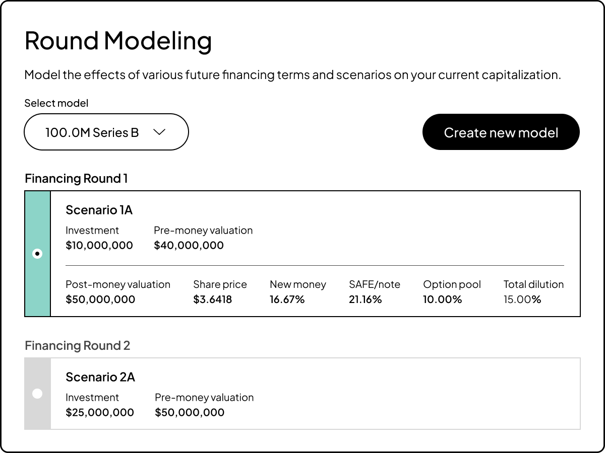 UI of fundraising summary with round modeling