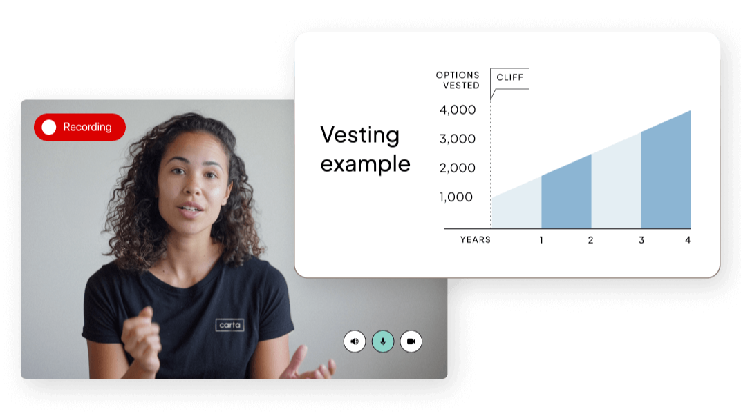 UI of vesting example and cliff period for employees with image of woman as equity advisor