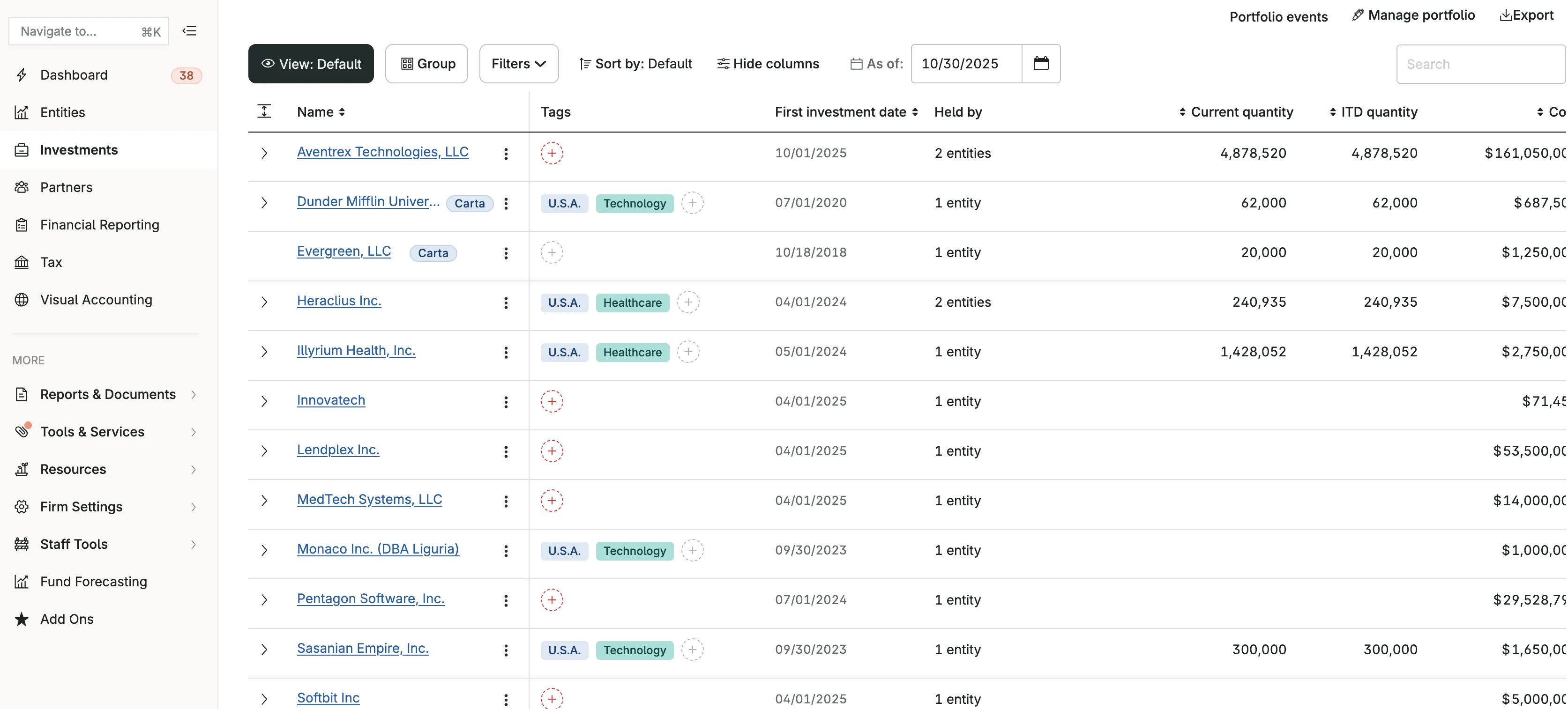 Investments Dashboard Screenshot 1