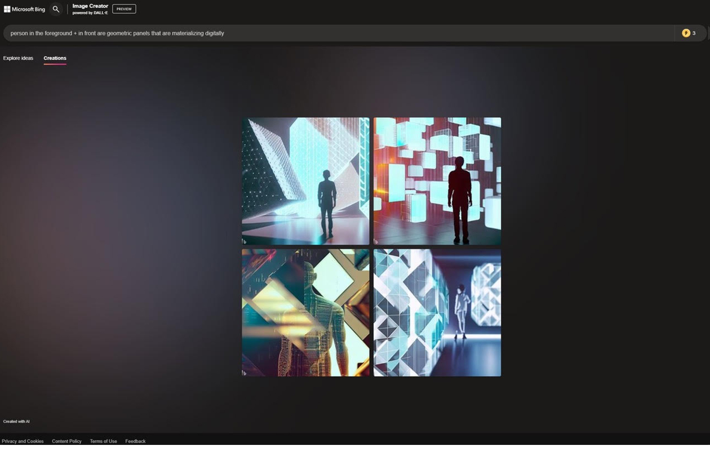 Screenshot of Bing Image Creator with the prompt 'Person in the foreground + in front are geometric panels that are materializing digitally'