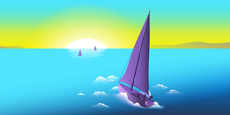 Illustration of three people in a sailboat working together to navigate choppy waters. In the distance, several sailboats on placid waters are visible.