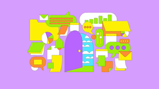 An illustration depicts a colorful montage of work-related icons, including chat windows, speech ballons, sticky notes, alarm bells, email messages, charts, and graphs. In the center is a doorway opening to show the outside world