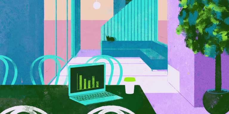 A colorful animation of what it’s like to work at home during the day and then again at night