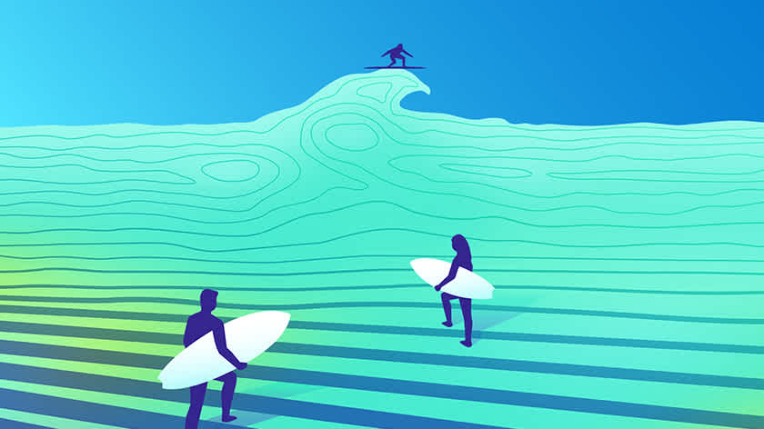 People surfing on a wavy ocean made up of striated data charts. 
