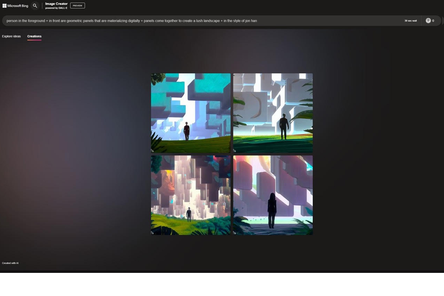 Screenshot of Bing Image Creator with the prompt 'Person in the foreground + in front are geometric panels that are materializing digitally + panels come together to create a lush landscape + in the style of jon han'
