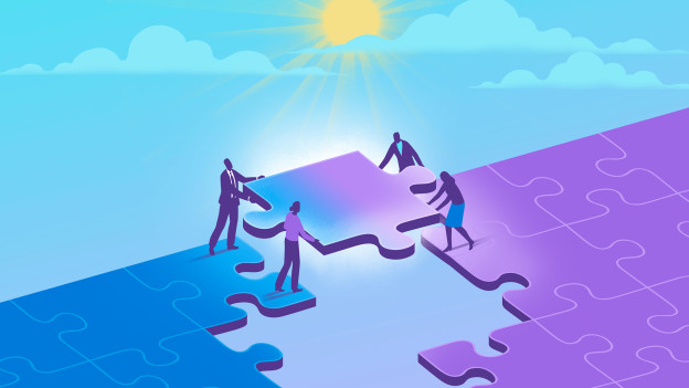Illustration of four people laying down a large puzzle piece, standing on a floor of other puzzle pieces. Two figures hold on to the blue side of the puzzle while another two hold on to the purple side.