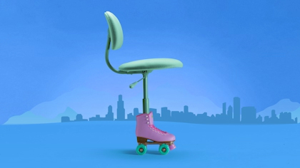 A computer chair with a single rollerblade at the base rolls through a changing backdrop that shifts from blue to yellow