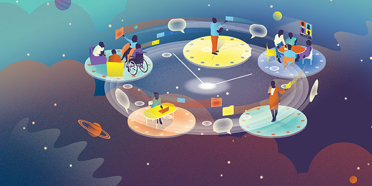 A colorful illustration of people working asynchronously.