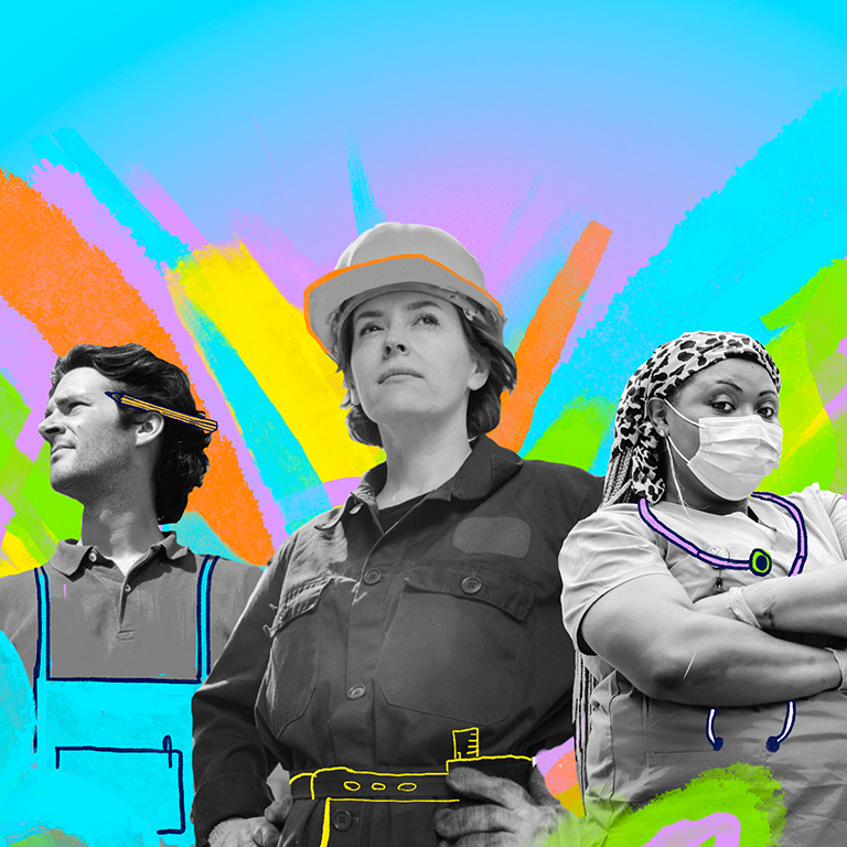 Three frontline workers, one in an apron, one in a hard hat, one with a stethoscope, in front of a colorful illustrated background.