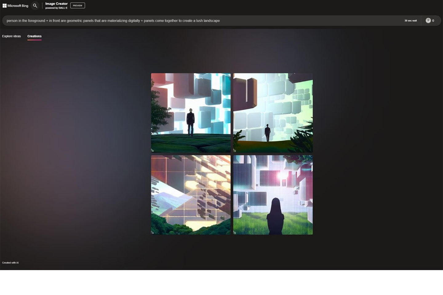 Screenshot of Bing Image Creator with the prompt 'Person in the foreground + in front are geometric panels that are materializing digitally + panels come together to create a lush landscape'