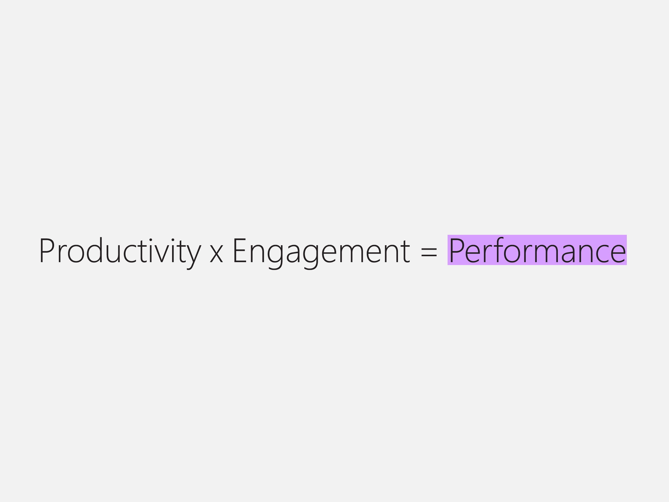 A diagram that depicts the multiplication of 'Productivity' and 'Engagement', which equates to 'Performance'