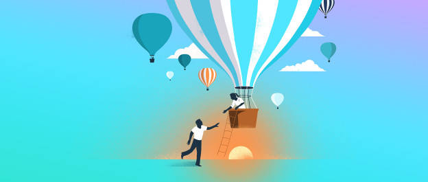 Illustration of hot air balloons ascending into the sky. A person running toward a balloon that is taking off receives a helping hand from another person who is already in the basket of the balloon.