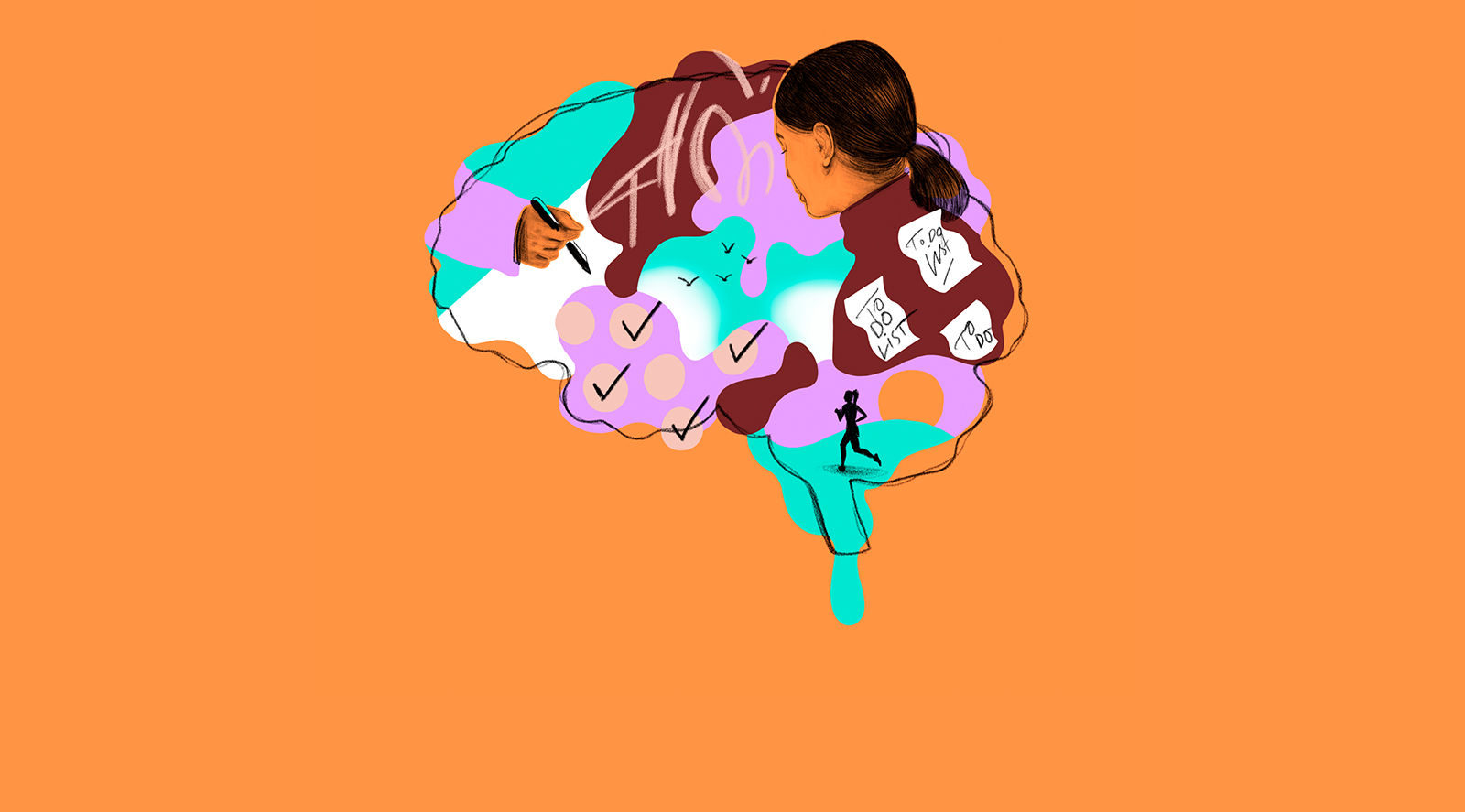 A colorful illustration of a brain focusing on activities like writing and running.